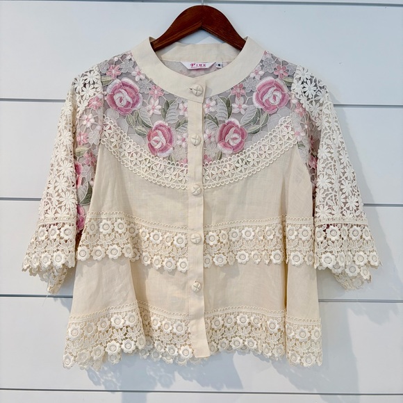 Pink Boutique Tops - Vintage Lace Floral Blouse Fairycore Romantic Sheer Pink Roses S Coquette